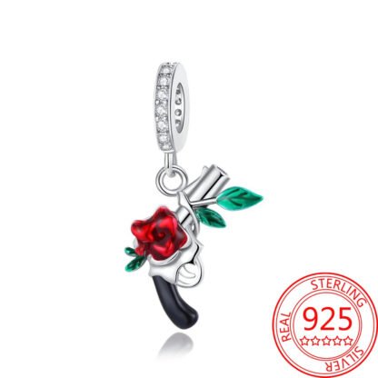 Silver Gun Red Rose Charm