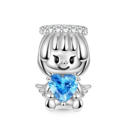 Silver Smiley Little Girl Blue Heart Gem Charm