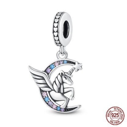 Unicorn on Silver Moon Blue Pink Purple Gems Charm