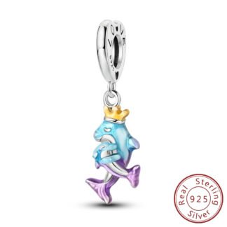 Silver Crowned Blue Purple Hues Dolphins Hug Charm