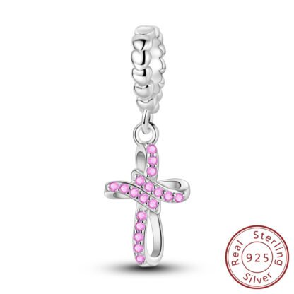 Silver Stylish Cross Ribbon Pink Gems Charm