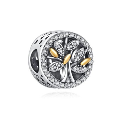 Silver Round Sparkly Tree Golden Grains Charm