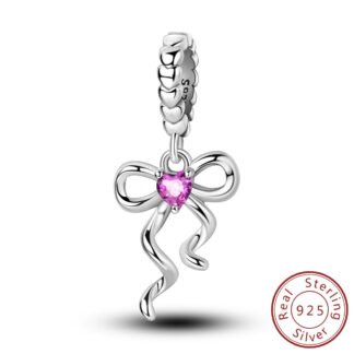 Silver Lovely String Ribbon Pink Heart Gem Charm