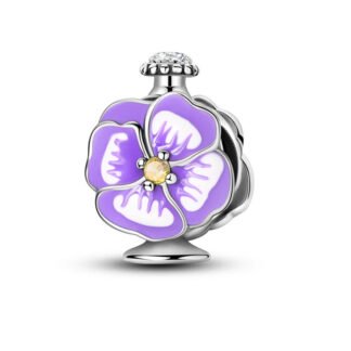 Silver Cute Purple Flower Yellow Gem Charm