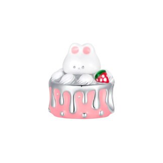 Silver Strawberry Cream Cake White Bunny Cute Dessert Charm