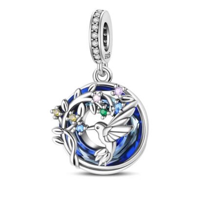 Silver Blue Circle Disc Hummingbird Gems Vine Charm