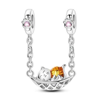 Silver Baby Kitty Cat Lounging Golden Yarn Ball Hammock Chain Charm