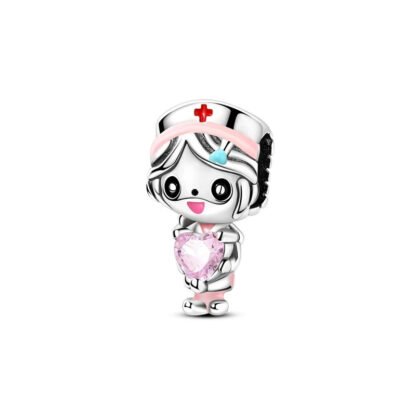 Silver Pink Heart Nurse Woman Medical Charm