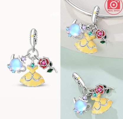 Silver Beauty and the Beast Gown Dress Icon Rose Story Charm - Image 2