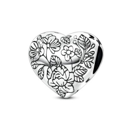 Silver Engraved Garden Flower Heart Charm