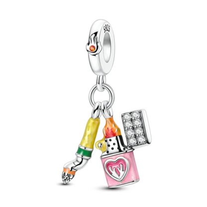 Silver Smoker Cigarette and Burning Lighter Charm