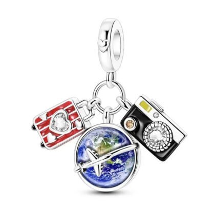 Silver Earth Global Airplane Luggage Camera Traveller Charm