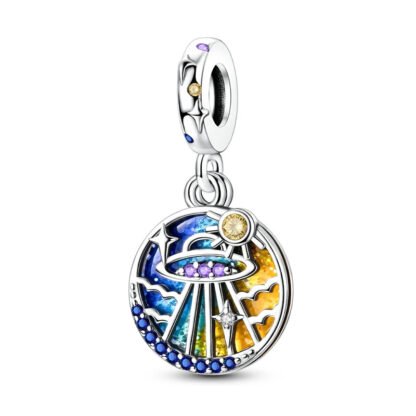 Silver Gradient Sky Sparkly Space Age UFO Astro Medal Charm