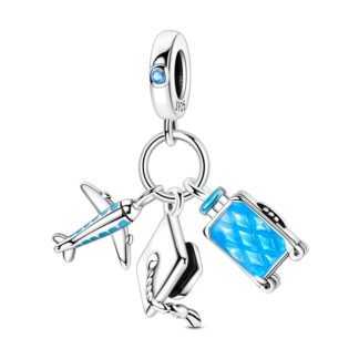 Silver Graduate Cap Blue Luggage Plane Oversea Education Travel Charm
