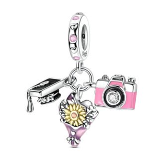 Silver Graduate Cap Pink Bouquet Camera Memory Education Charm