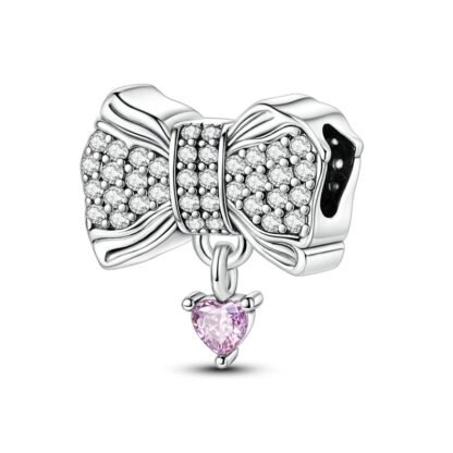 Silver Gems Bow Small Pink Heart Charm