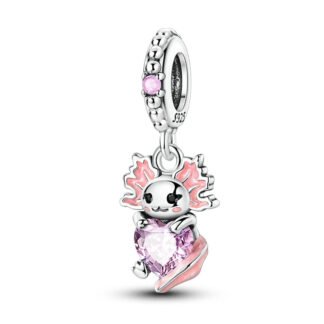 Silver Pink Heart Crystal Cute Axolotl Charm