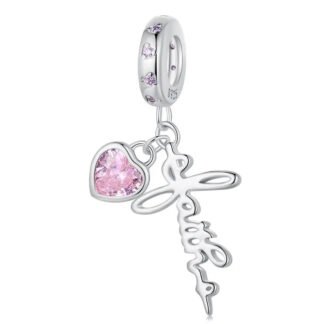 Silver Faith Lettering Pink Heart Gem Assuring Charm