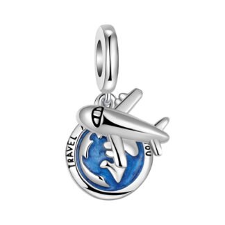 Silver Airplane Blue Global Earth Medal Travel Tag Charm