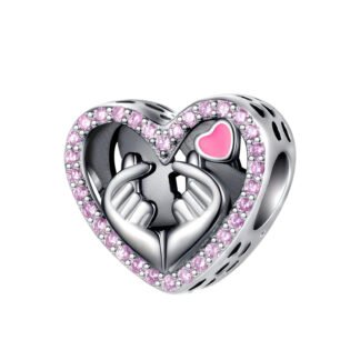 Silver Heart Pink Gems Fingers Heart Charm