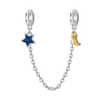 Silver Blue Star Golden Crescent Moon Astronomy Chain Charm