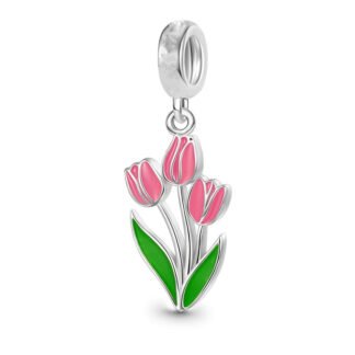 Silver Three Pink Tulips Flower Charm