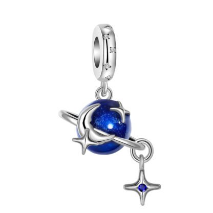 Silver Blue Planet Orbit Moon Stars Space Charm