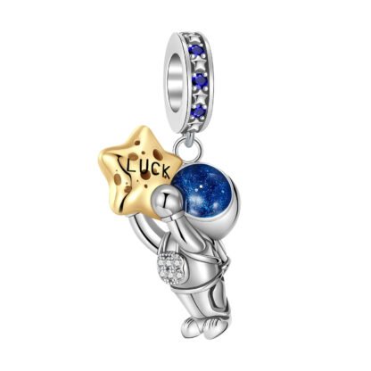Silver Reaching Golden Lucky Star Astronaut Space Charm