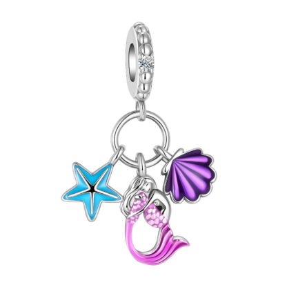 Silver Pink Mermaid Purple Seashell and Blue Starfish Charm