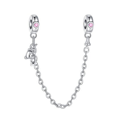 Silver Pink Hearts Climbing Small Bear Cub Chain Charm