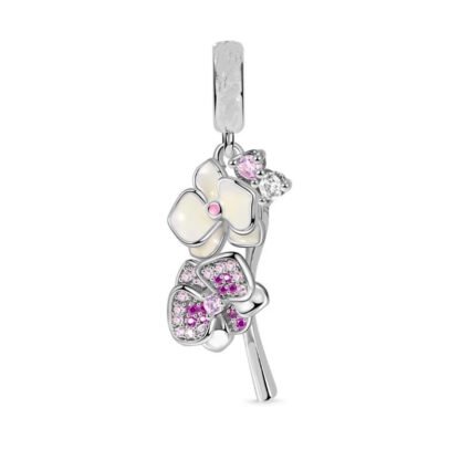 Silver White Magenta Gems Orchid Flower Charm