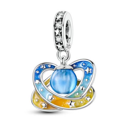 Silver Blue Planet Double Rings Star Space Charm