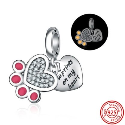 Silver Luminous Glow in the Dark Pawprints On My Heart Pet Charm