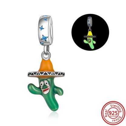 Silver Luminous Glow in the Dark Green Cartoony Cactus Orange Sombrero Surreal Charm