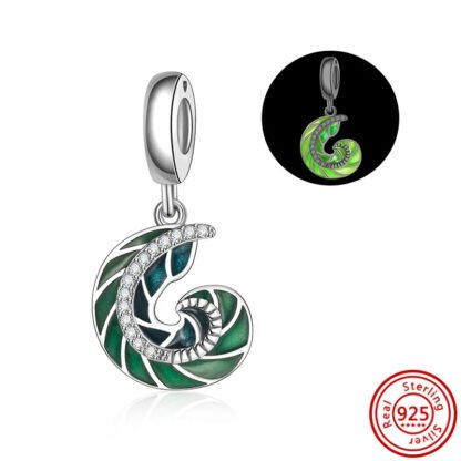 Silver Luminous Glow in the Dark Green Curling Feather Charm