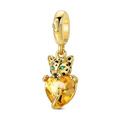 Silver Golden Baby Cheetah Green Eyes Yellow Heart Animal Charm