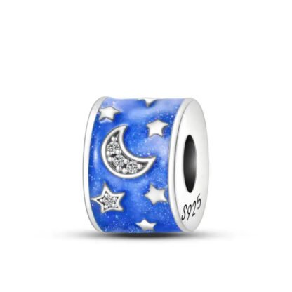 Silver Stars Moon Blue Night Sky Cylindrical Charm