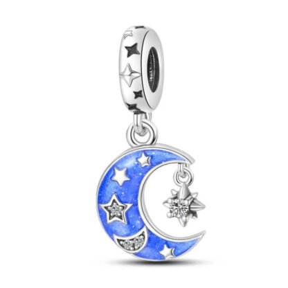 Silver Cosmic Blue Crescent Moon Star Charm