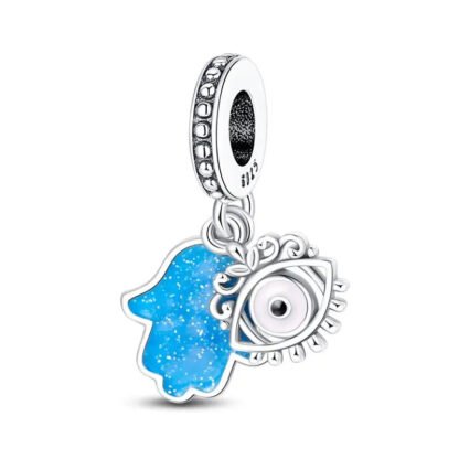 Silver Blue Sparkly Hamsa Hand Evil Eye Protection Charm
