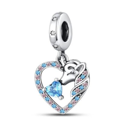 Silver Heart Blue Pink Gems Wild Animal Charm