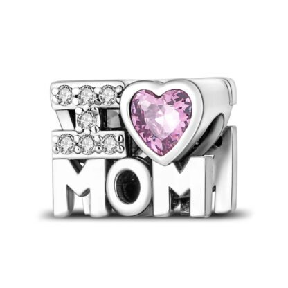Silver Pink Heart "I LOVE MOM" Lettering Charm