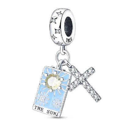 Silver The Sun Tarot Card and Cross Spiritual Charm