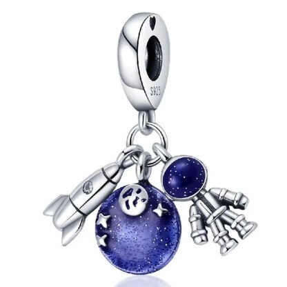 Silver Blue Sparkly Planet Rocket Astronaut Space Charm