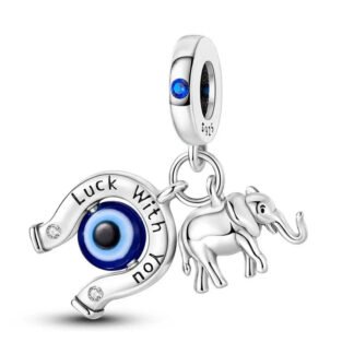 Silver Elephant Lucky Horseshoe Evil Eye Protection Charm