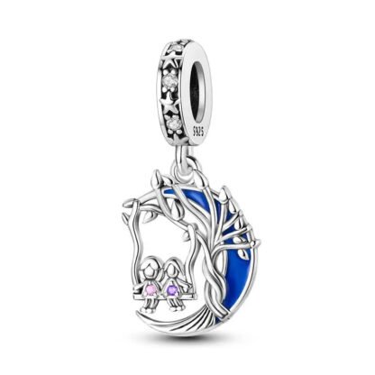 Silver Blue Crescent Moon Children Under Tree Swing Fantasy Charm