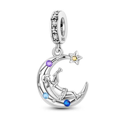 Silver Crescent Moon Girl Woman Stargazing Charm