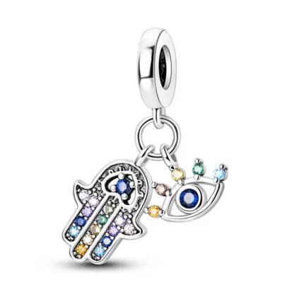 Silver Rainbow Gems Eye and Hamsa Hand Protective Charm