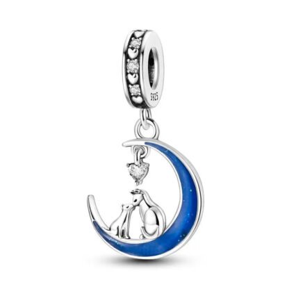Silver Blue Crescent Moon Pair of Cats Love Charm