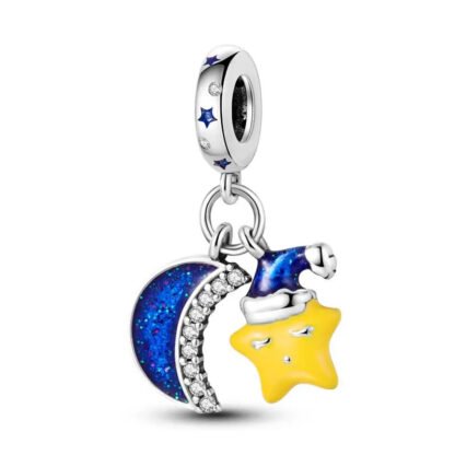 Silver Blue Crescent Moon Yellow Star Night Time Sleep Charm