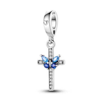 Silver Cross Blue Gems Decorated Spiritual Charm